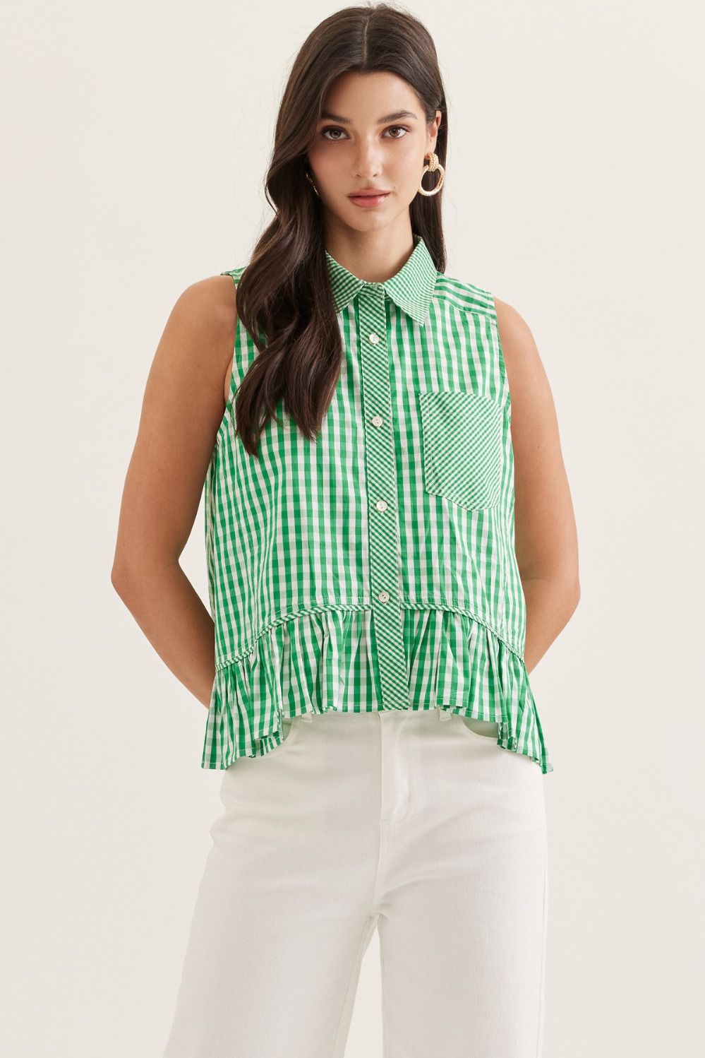 Entro green plaid printed collared button-up casual top, 105 style, featuring long sleeves and front button closure.