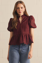 Entro Stevie Burgundy eyelet embroidery top, a stylish 110 dressy blouse with intricate detailing and eyelet accents.