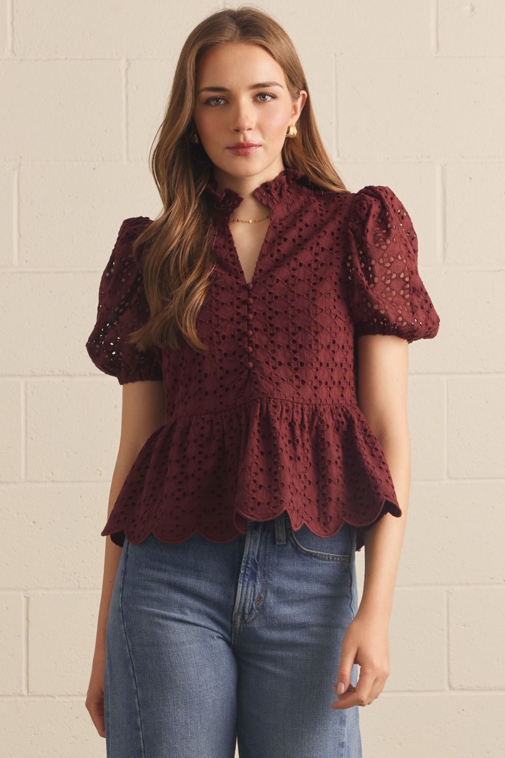 Entro Stevie Burgundy eyelet embroidery top, a stylish 110 dressy blouse with intricate detailing and eyelet accents.
