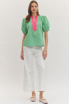 ENTRO Cindy Gingham Puff Sleeve Top, casual, short-sleeve blouse with a classic gingham pattern and puffed sleeve design.