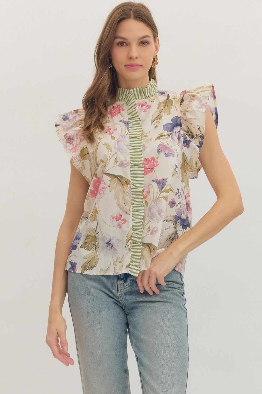 ENTRO Luana floral flutter sleeve top with contrasting trim, stylish dressy blouse featuring a feminine floral design.