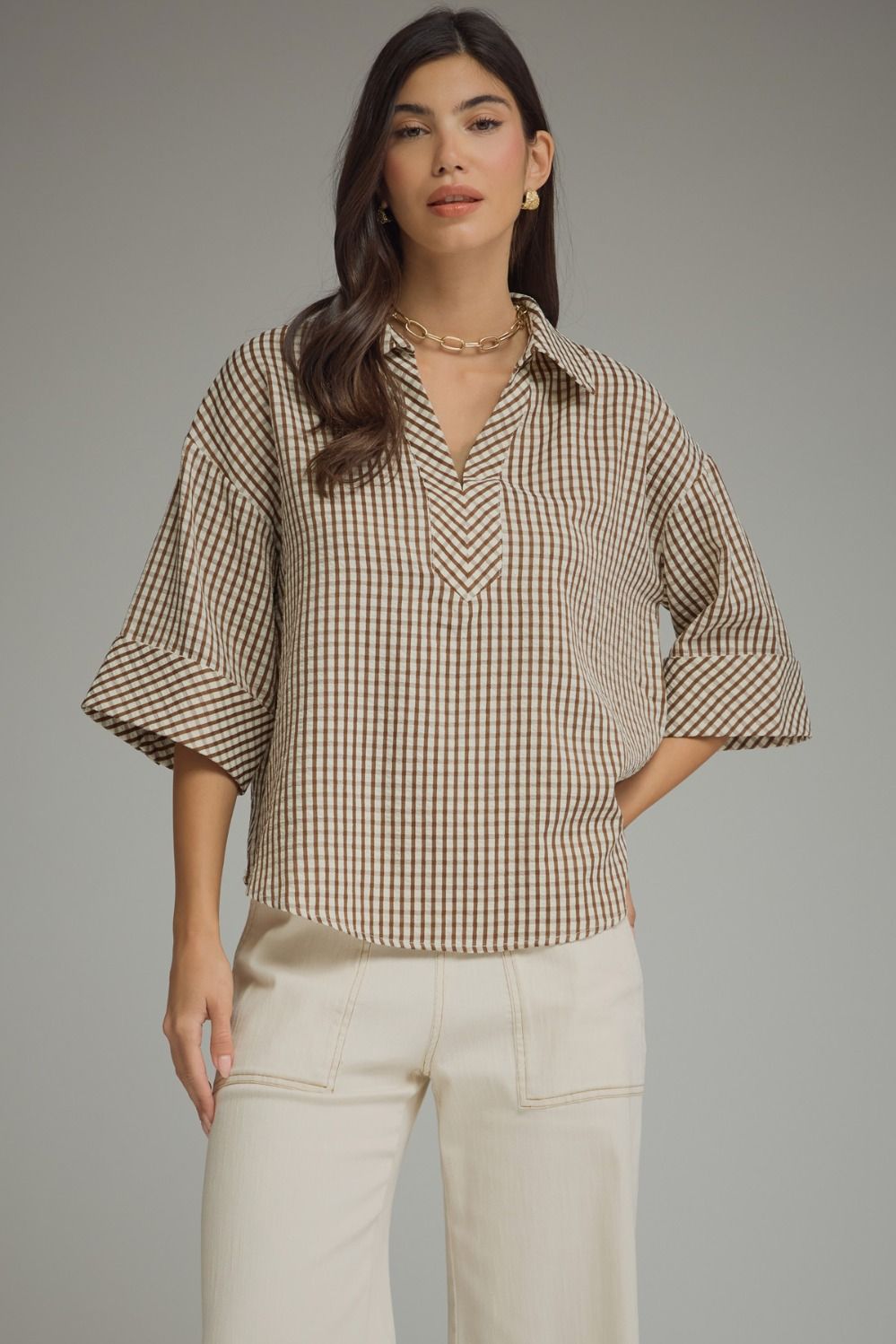 Entro Annie Gingham V-Neck Top, a stylish dressy top with gingham pattern and V-neck design, perfect for casual or semi-formal wear.