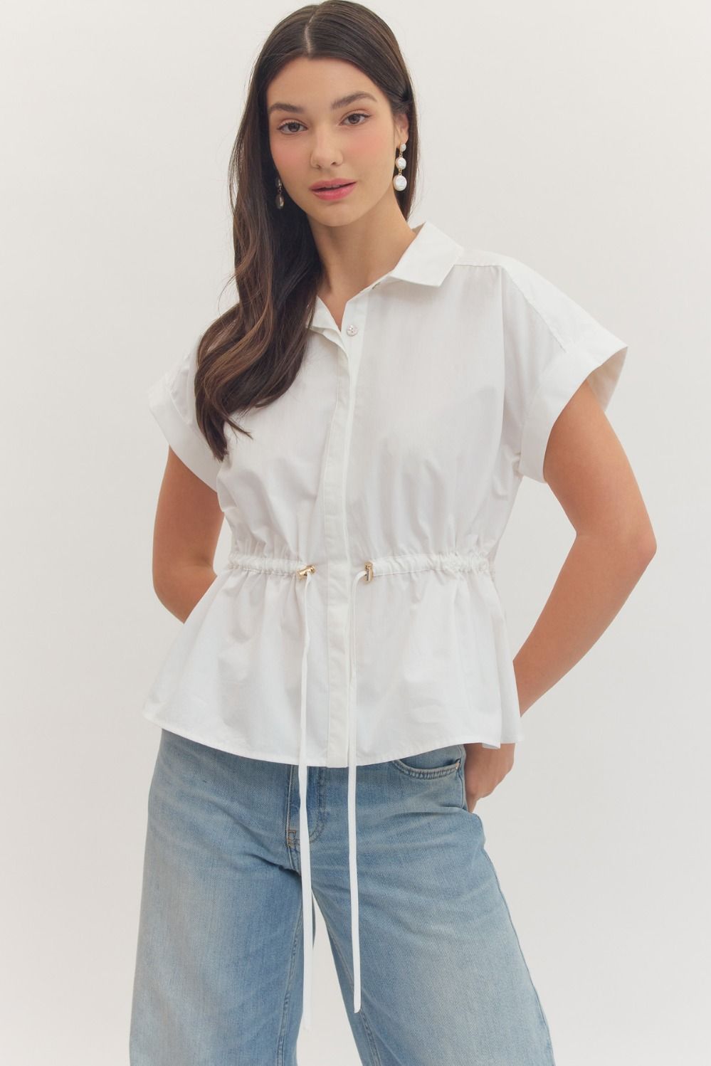 ENTRO Brittany cap sleeve drawstring top in a casual style, featuring a relaxed fit and stylish design.