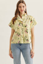 Beth Floral Ruffle Trim Top by ENTRO, a stylish 110 dressy blouse with floral pattern and ruffle details, perfect for elegant occasions.