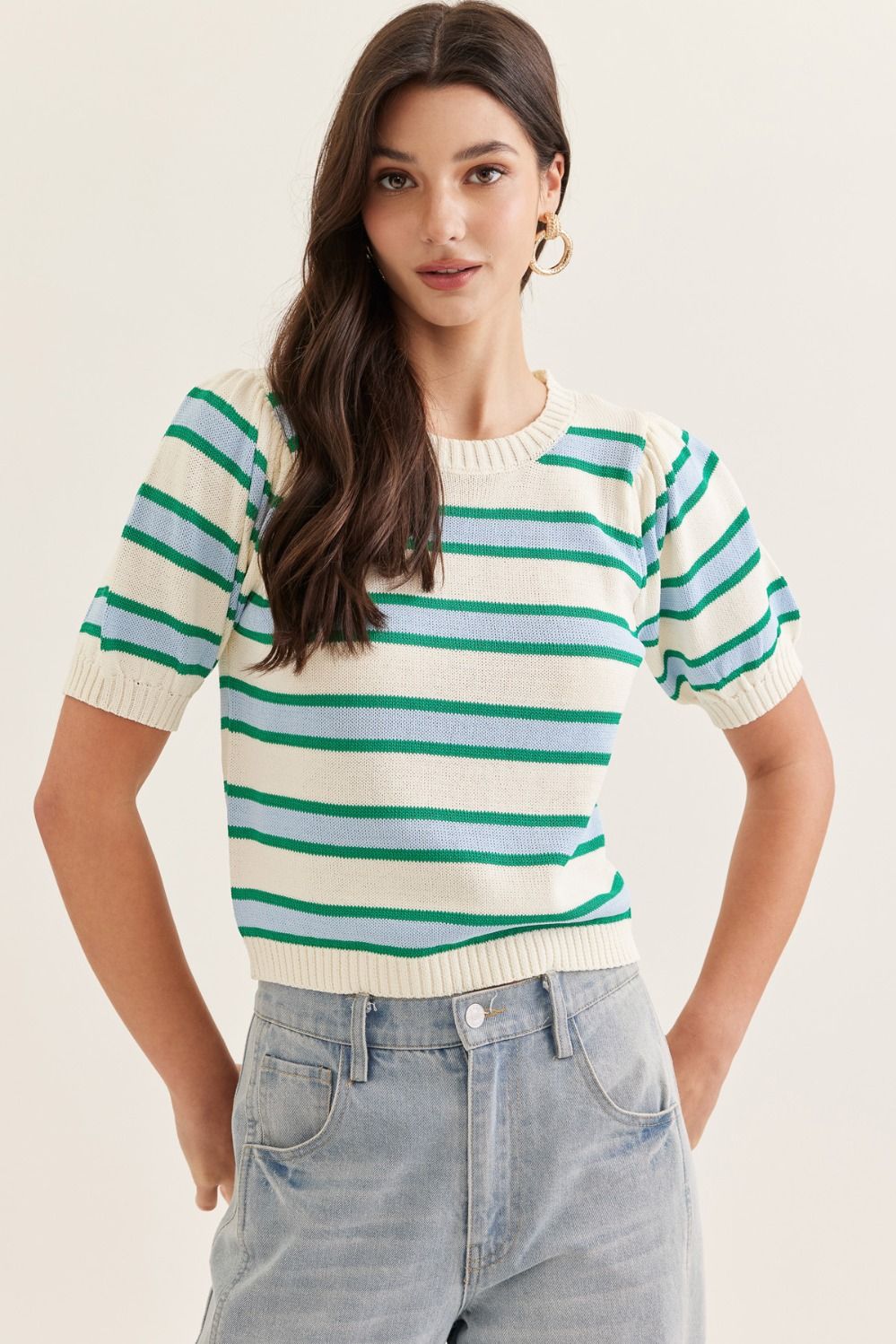 Ginger striped sweater knit top by ENTRO, featuring a cozy spring sweater design with horizontal stripes and a relaxed fit.