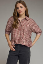 Entro Ryan Gingham button-down dressy top in lightweight fabric, featuring a classic collar and long sleeves.