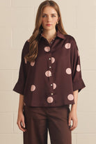 ENTRO Janie Polka Dot button-down top, stylish dressy blouse with classic polka dots and button-up front, perfect for elegant casual wear.