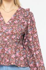 Liza Floral Print V Neck Long Sleeve Peplum Top - Be You Boutique