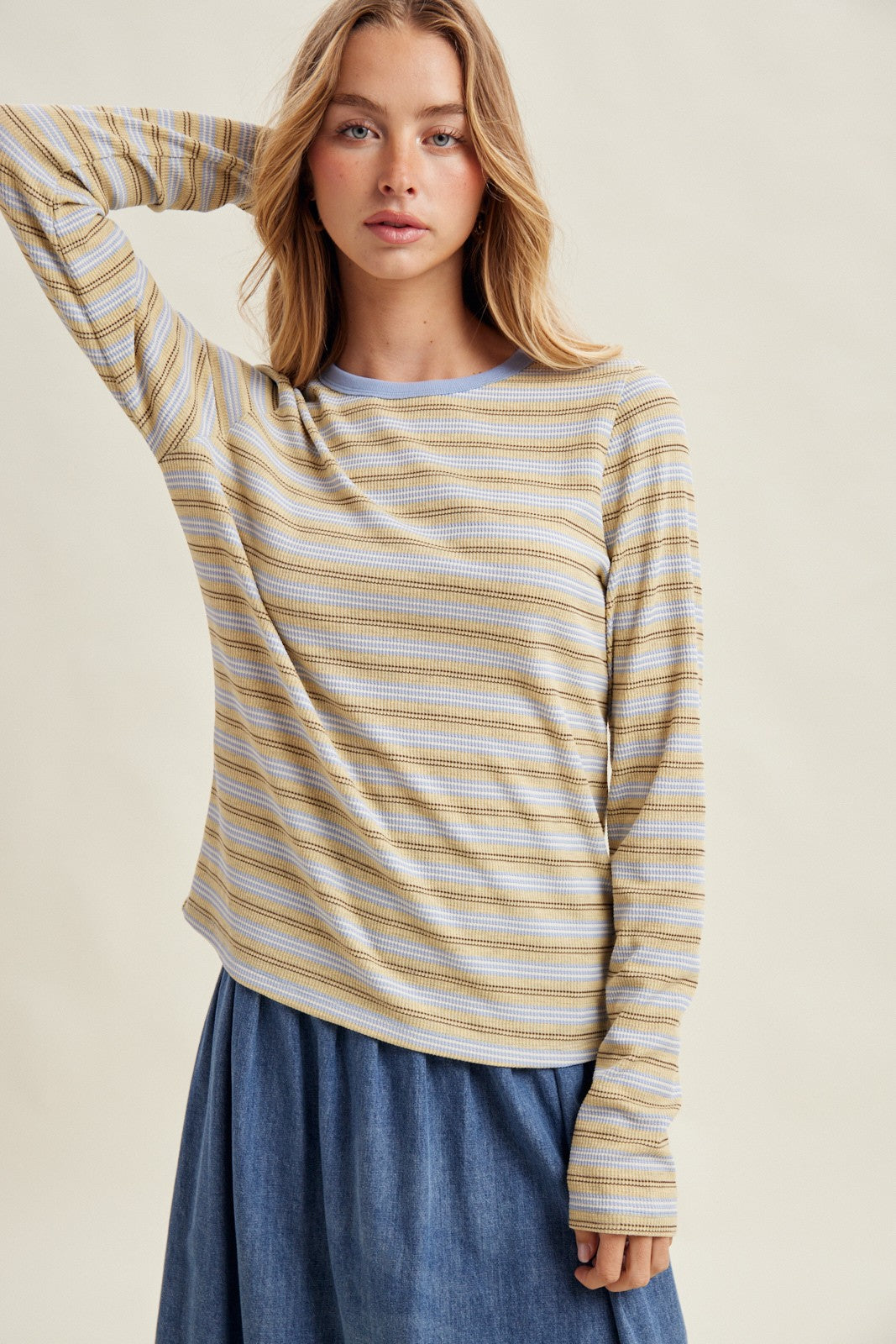 WISHLIST Kelly Multi Striped Long Sleeve Top with colorful horizontal stripes, casual fit, long sleeves, and round neckline.