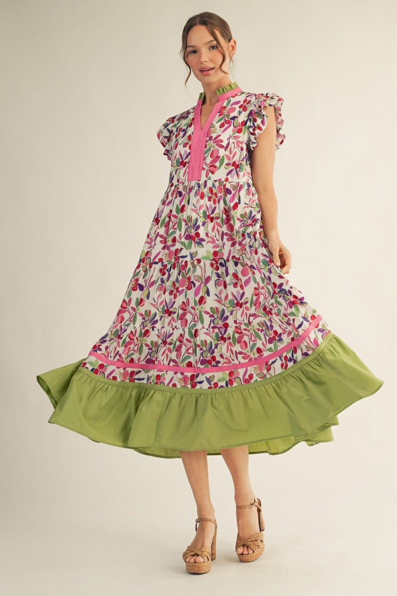 JODIFL Kendall Berry ruffled cap sleeve dress with floral pattern, perfect for dressy occasions, shown on a hanger.