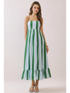 TCEC Laura striped casual midi dress with a fitted waist and midi length, featuring vertical blue and white stripes, perfect for everyday wear.