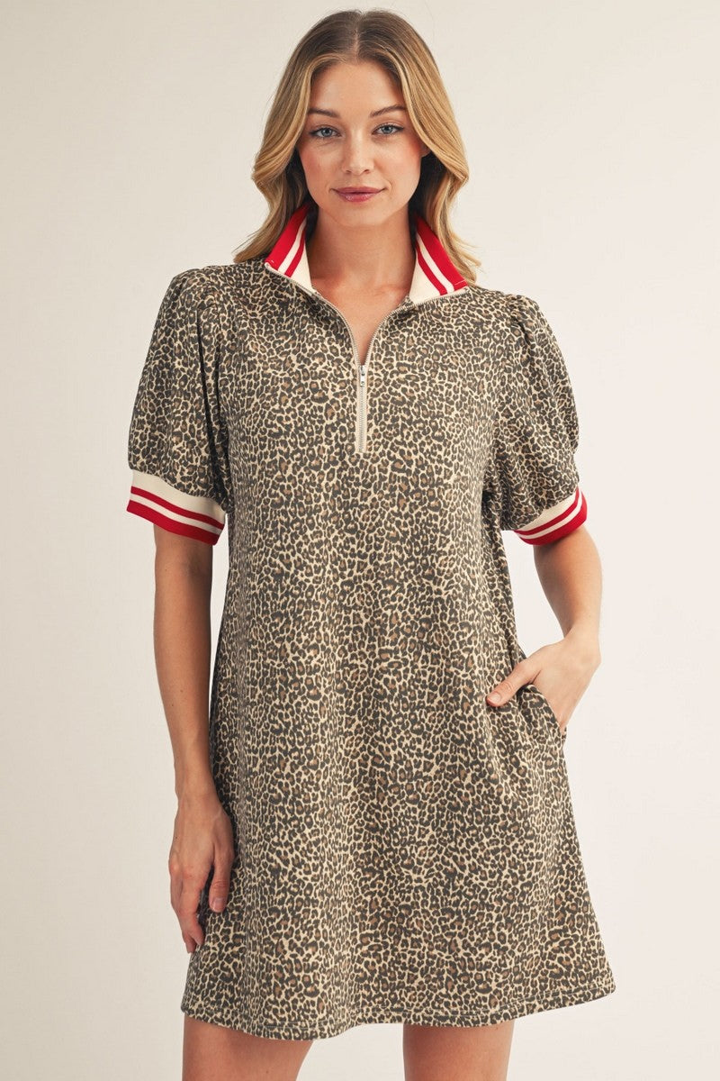 JODIFL Tina animal printed casual dress with contrasting striped pattern, featuring a comfortable fit and vibrant design.