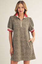 JODIFL Tina animal printed casual dress with contrasting striped pattern, featuring a comfortable fit and vibrant design.