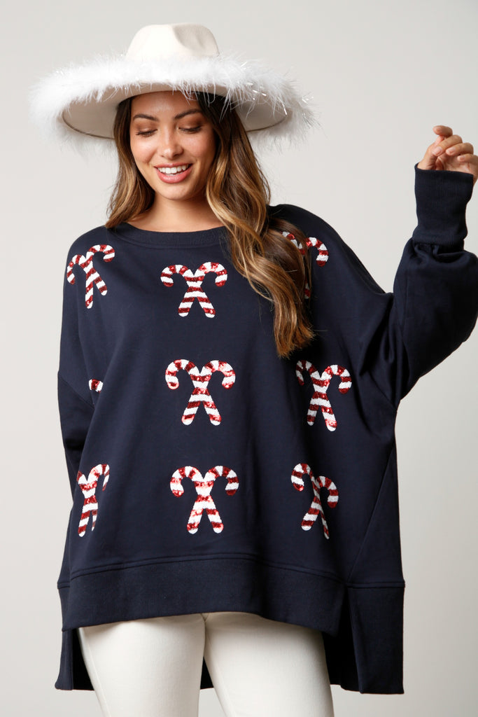 Candy Cane French Terry Lose Fit Sweatshirt Top - Be You Boutique