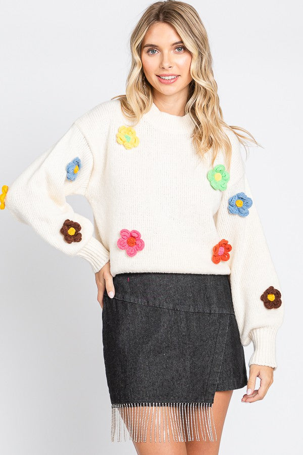 Dorian Floral Knit Pullover Long Sleeve Sweater - Be You Boutique