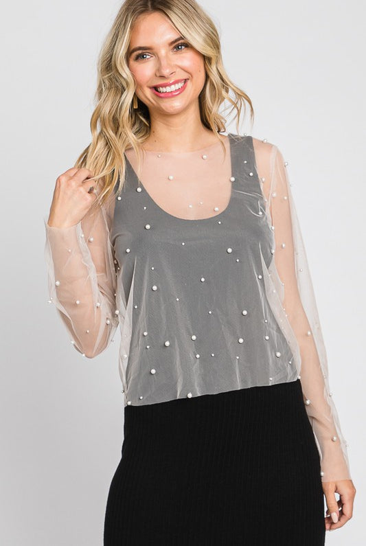 Mal Stretchy Mesh Long Sleeve Pearl Detail Layering Top - Be You Boutique