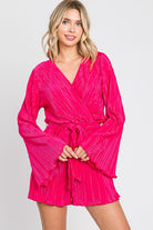 Julian Long Sleeve V Neck Pleated Satin Romper - Be You Boutique
