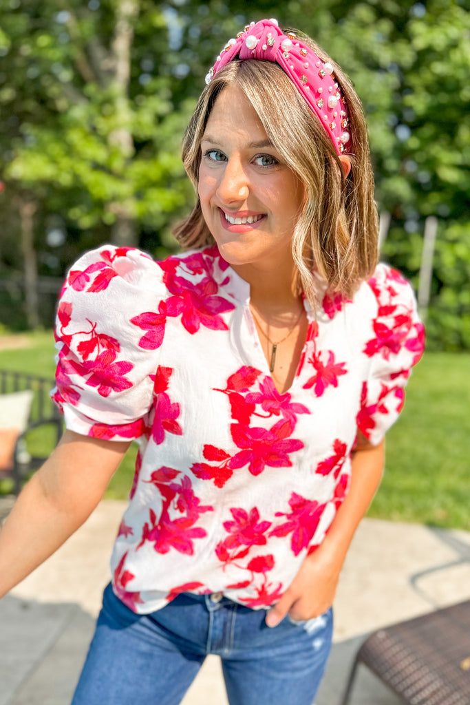 Flo Floral Jacquered Puff Sleeve Top - Be You Boutique
