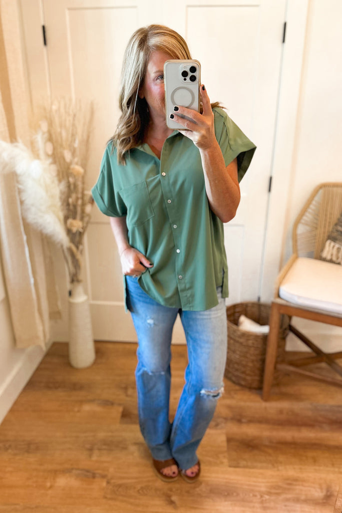 Jeremy Button Up Collared Short Sleeve Satin Top - Be You Boutique