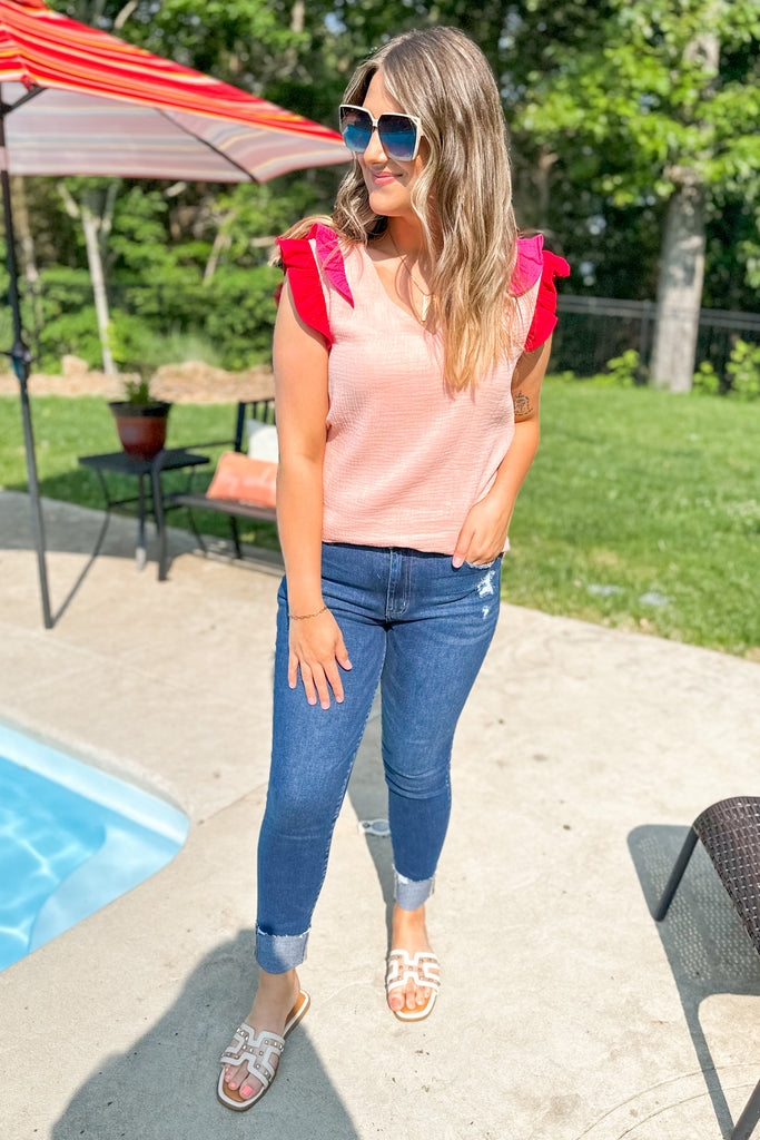 Mark Color Block Ruffle Edged Gauze V Neck Top - Be You Boutique