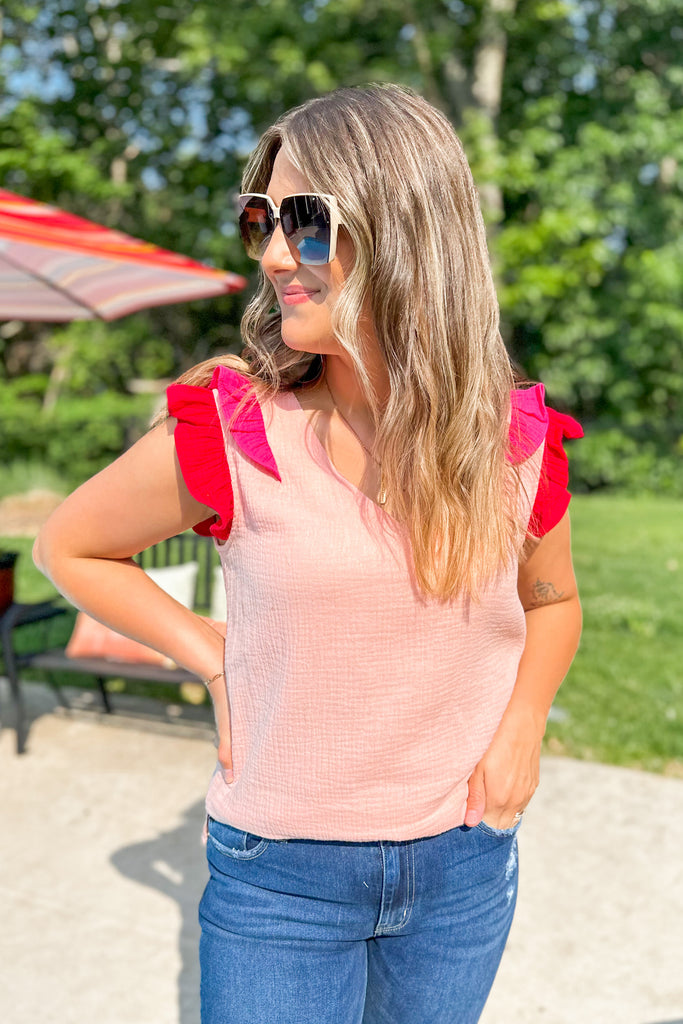 Mark Color Block Ruffle Edged Gauze V Neck Top - Be You Boutique