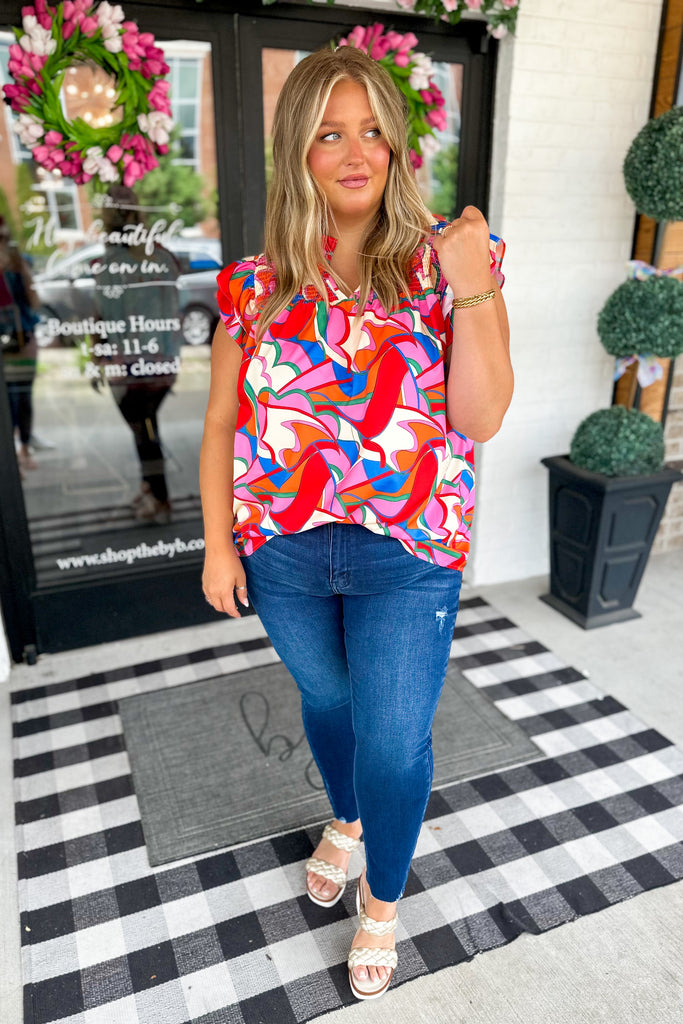 Callan Printed V Neck Smocked Floral Sleeve Top - Be You Boutique