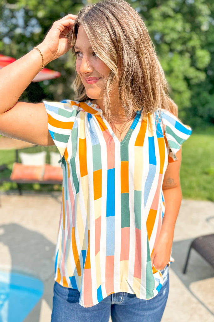 Dorothy Striped V Neck Geometric Print Flutter Sleeve Top - Be You Boutique