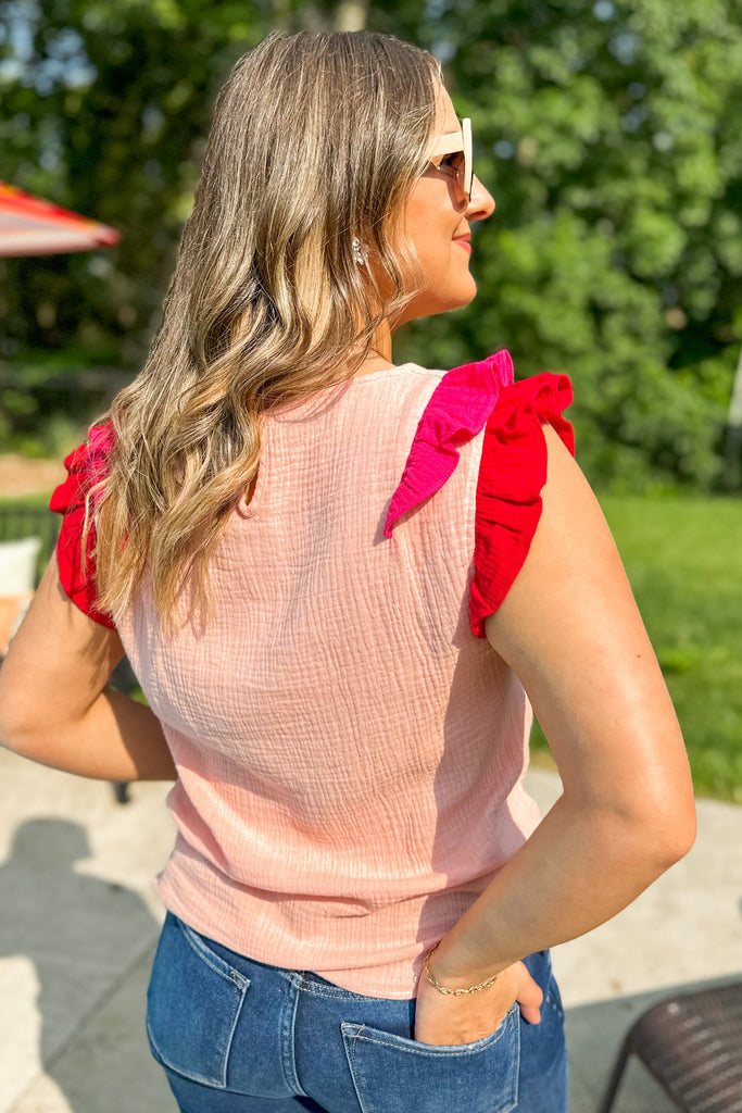 Mark Color Block Ruffle Edged Gauze V Neck Top - Be You Boutique