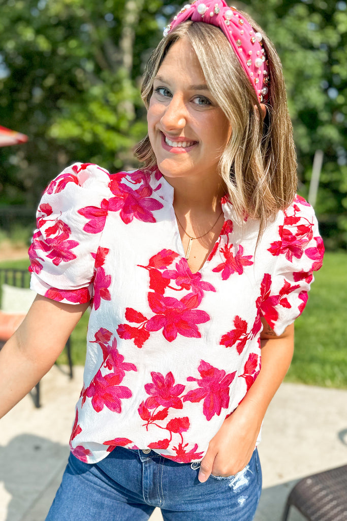 Flo Floral Jacquered Puff Sleeve Top - Be You Boutique