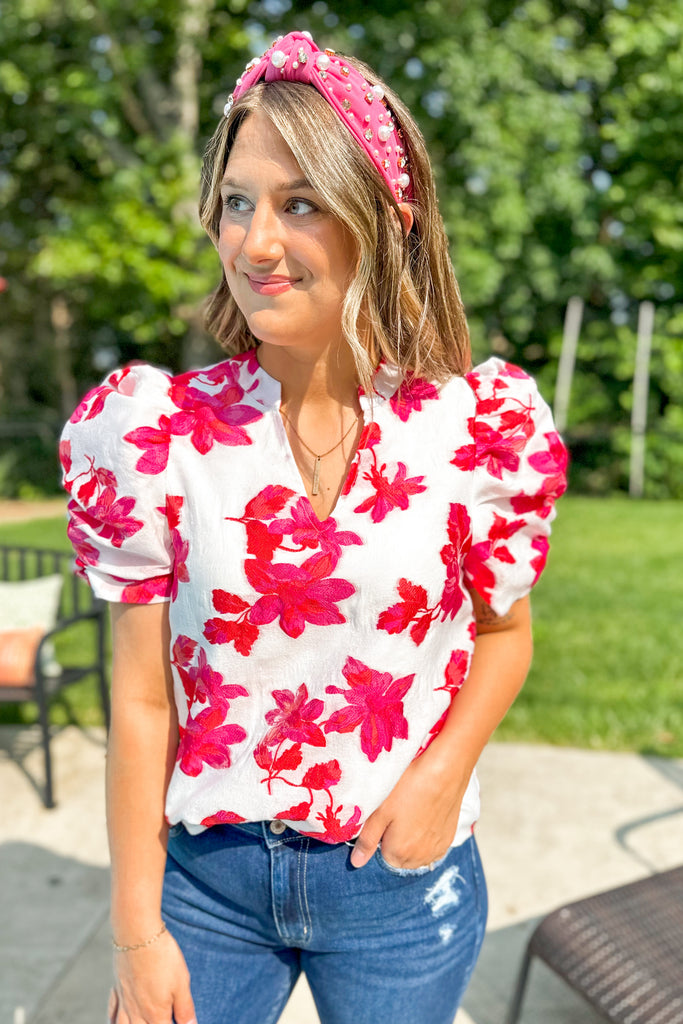Flo Floral Jacquered Puff Sleeve Top - Be You Boutique