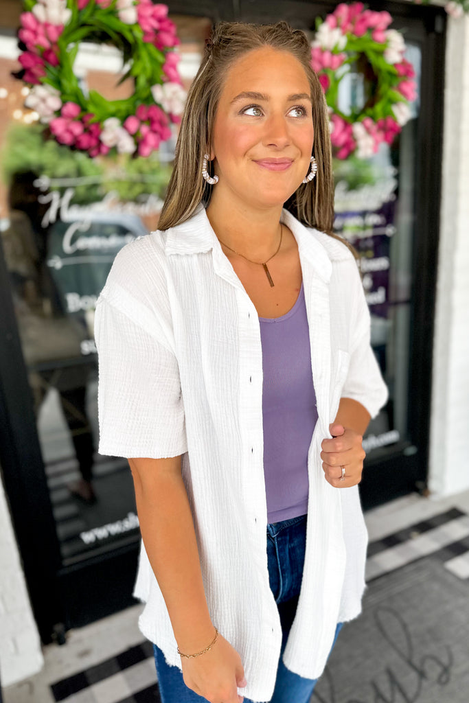 Seymour Solid Color Short Sleeve Button Up Top Blouse - Be You Boutique