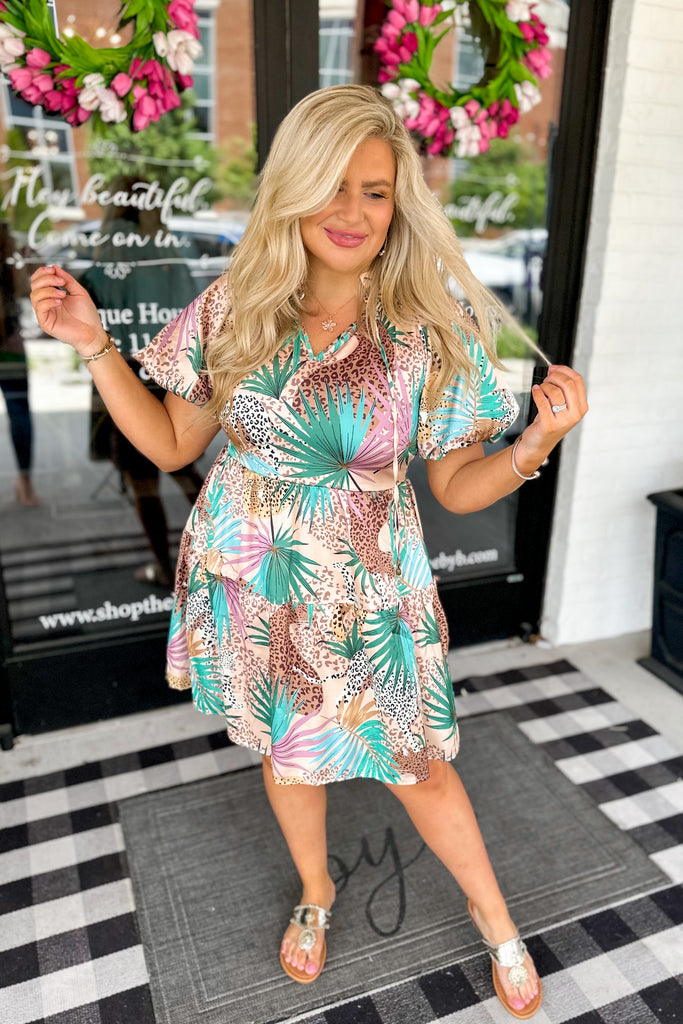 Lovey Animal Print Satin Button Up Peplum Short Sleeve Dress - Be You Boutique