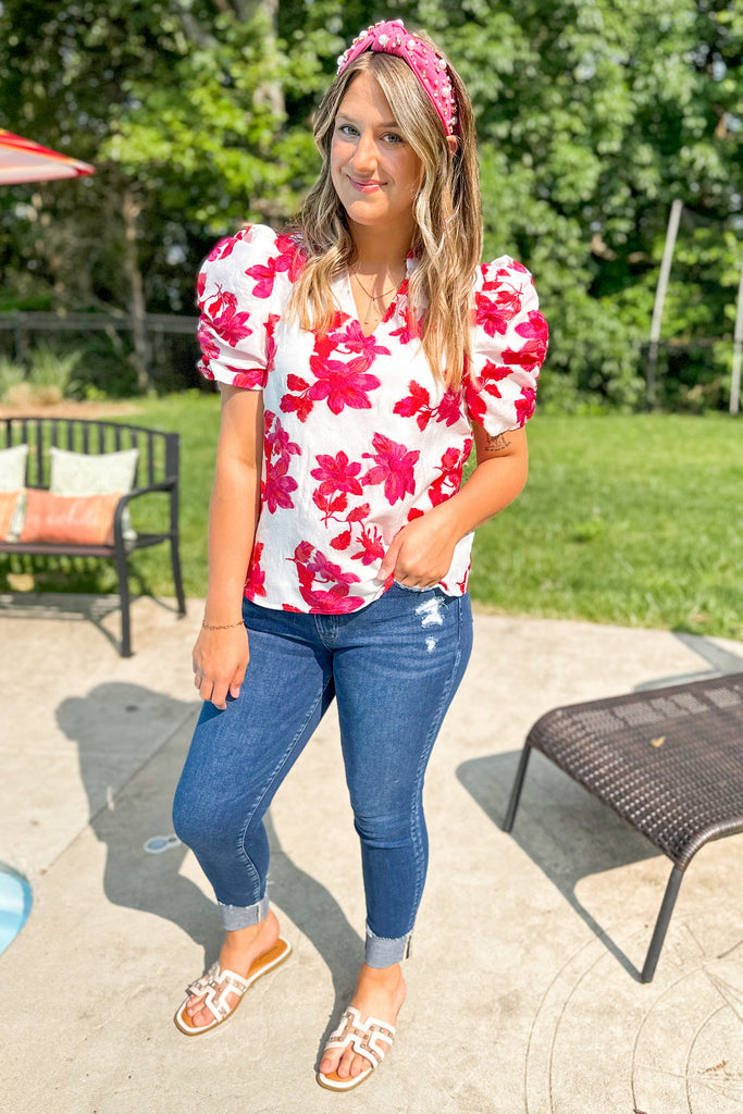 Flo Floral Jacquered Puff Sleeve Top - Be You Boutique