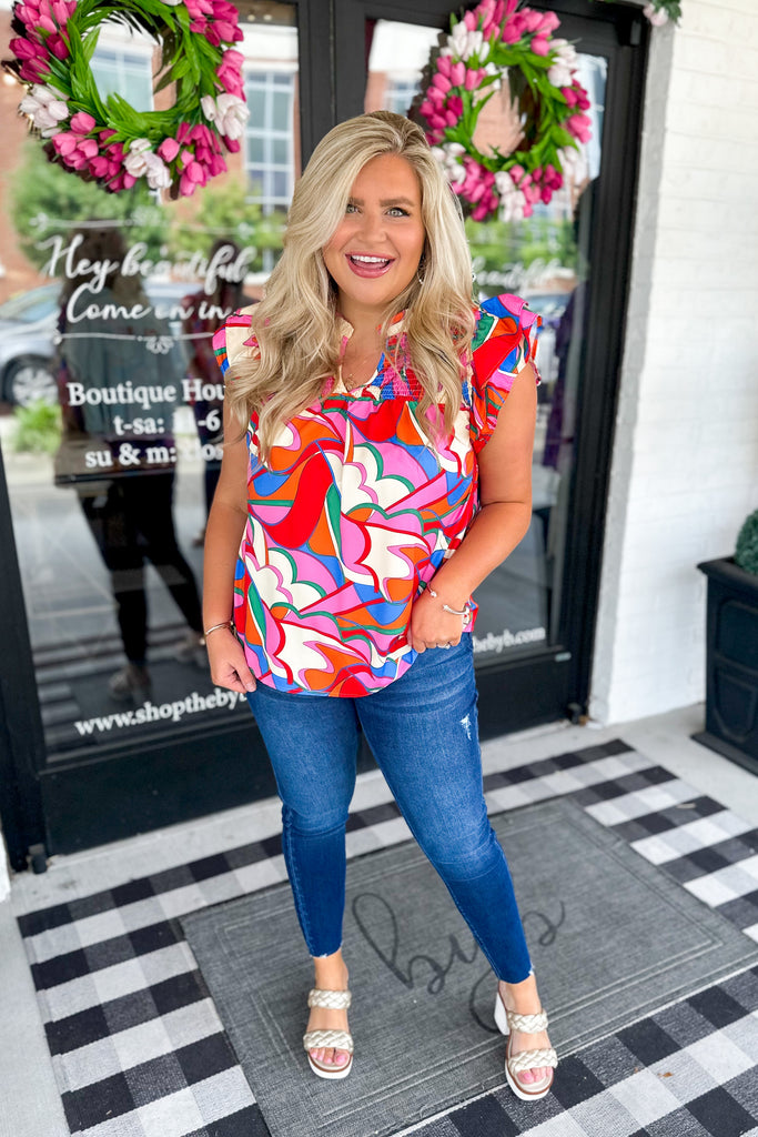 Callan Printed V Neck Smocked Floral Sleeve Top - Be You Boutique