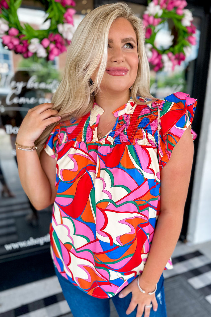 Callan Printed V Neck Smocked Floral Sleeve Top - Be You Boutique