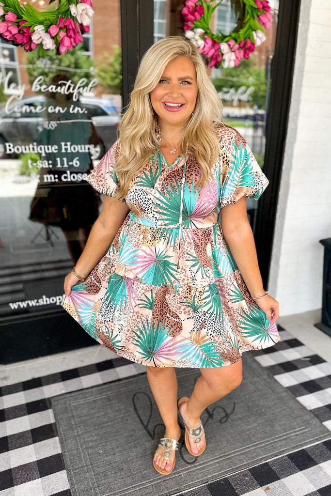 Lovey Animal Print Satin Button Up Peplum Short Sleeve Dress - Be You Boutique