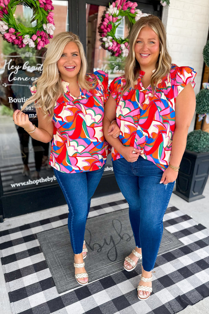 Callan Printed V Neck Smocked Floral Sleeve Top - Be You Boutique