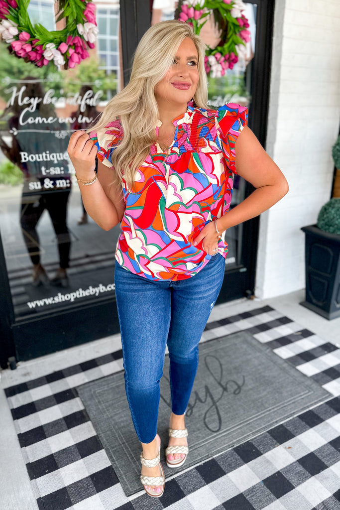 Callan Printed V Neck Smocked Floral Sleeve Top - Be You Boutique