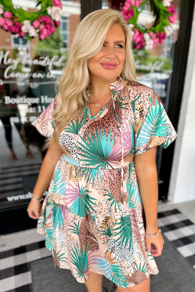 Lovey Animal Print Satin Button Up Peplum Short Sleeve Dress - Be You Boutique