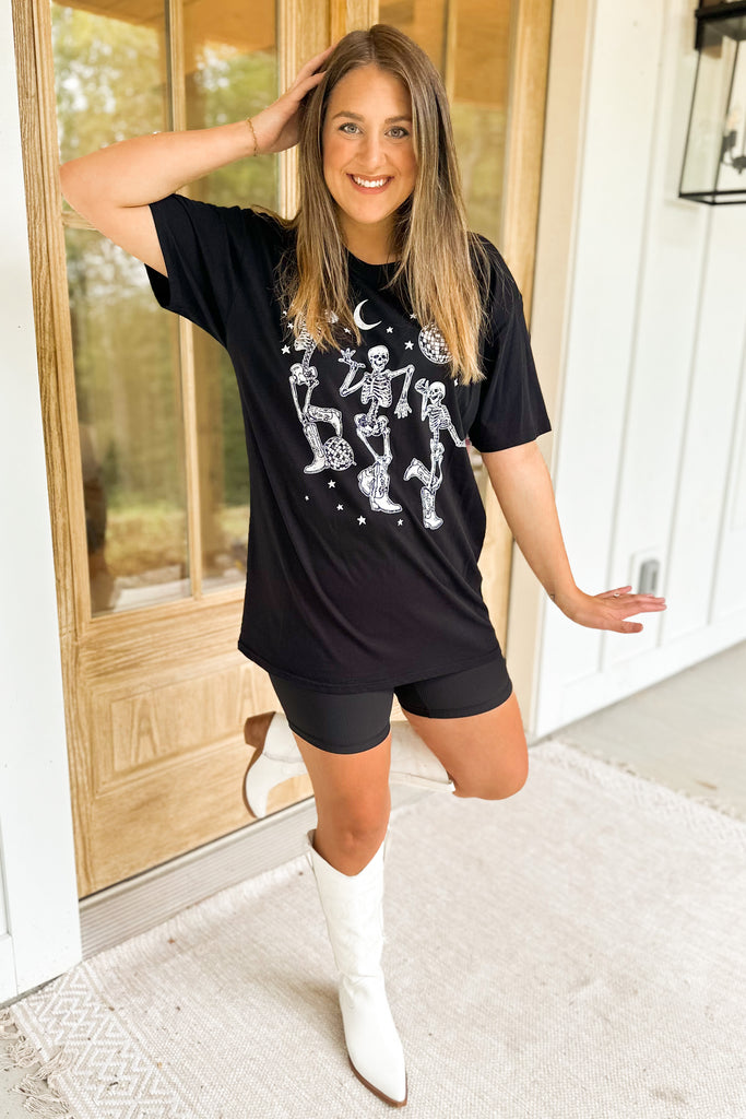 Dancing Cowboy Skeleton Oversized Short Sleeve Distressed Graphic Tee - Be You Boutique