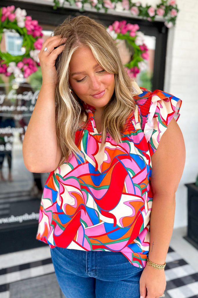Callan Printed V Neck Smocked Floral Sleeve Top - Be You Boutique