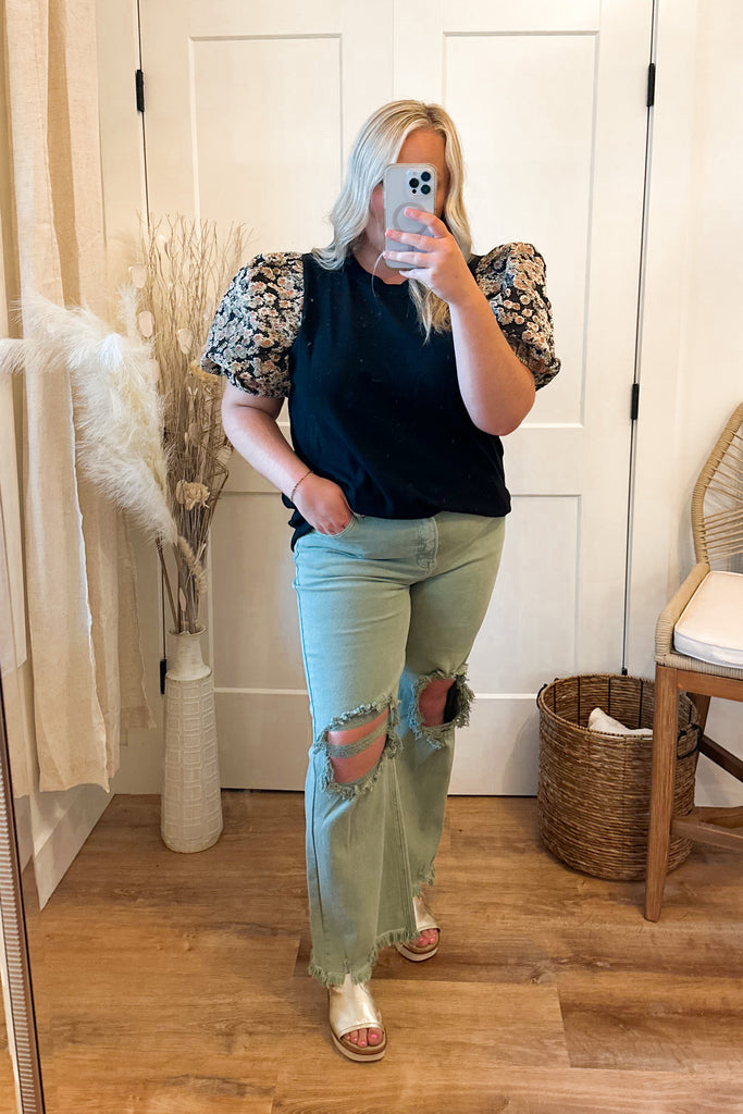 Aidan Round Neck Jacquered Short Puff Sleeve Top - Be You Boutique