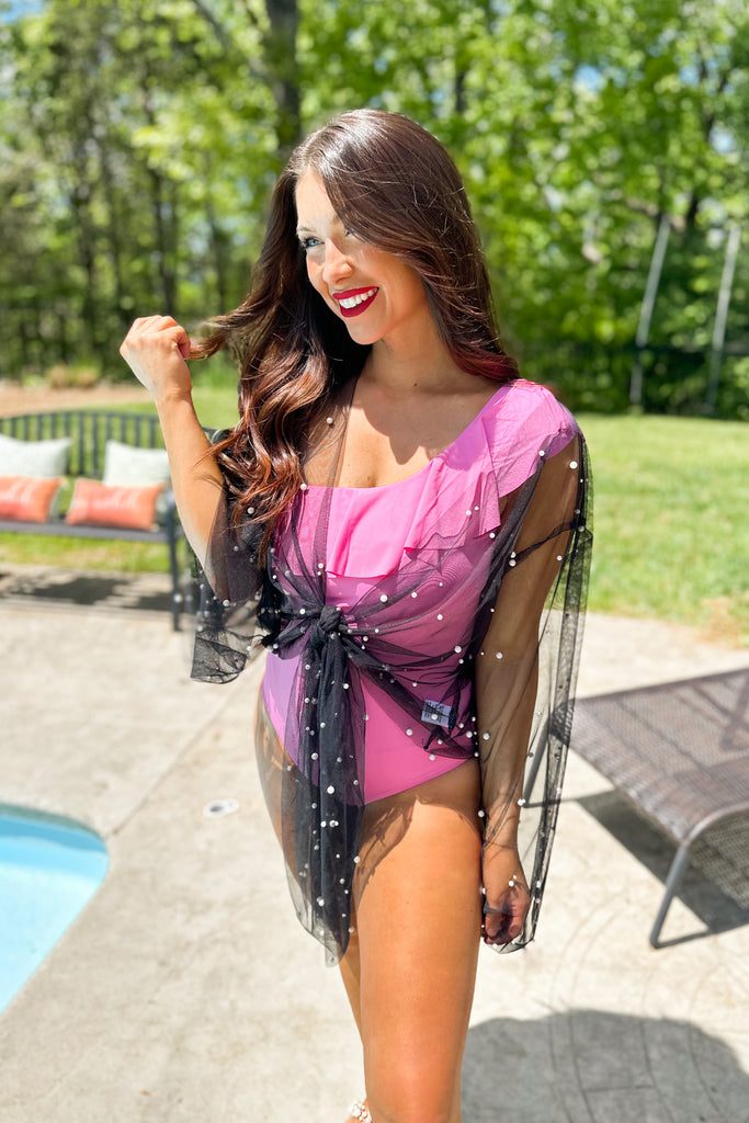 Sunni Sheer Mesh Kimono Top with Front Tie and Pearl Detailing - Be You Boutique