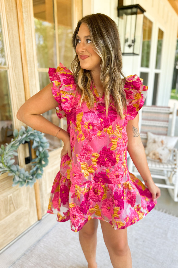 Andrew Textured Floral Print Ruffle Detail Dress - Be You Boutique