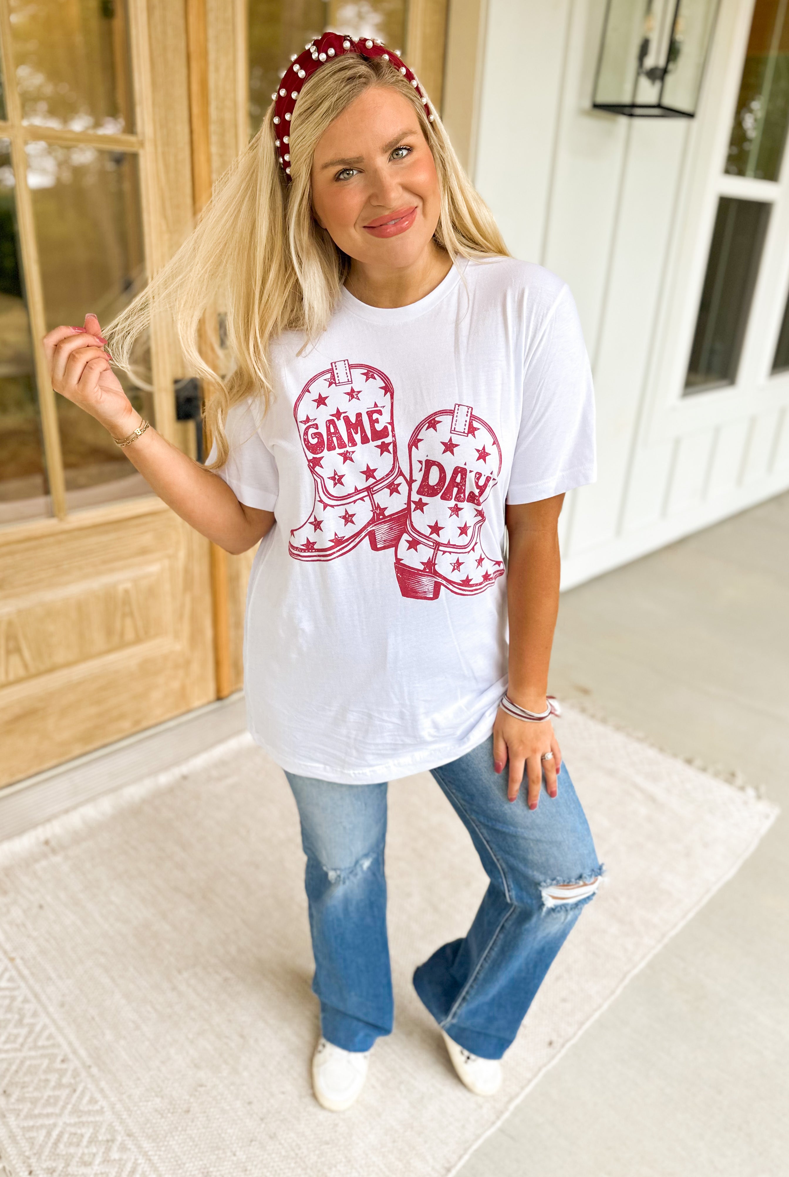 Game Day Star Boots Oversized Short Sleeve Distressed Graphic Tee - Be You Boutique