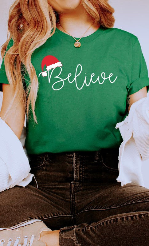 Believe Santa hat Christmas Graphic Tee - Be You Boutique