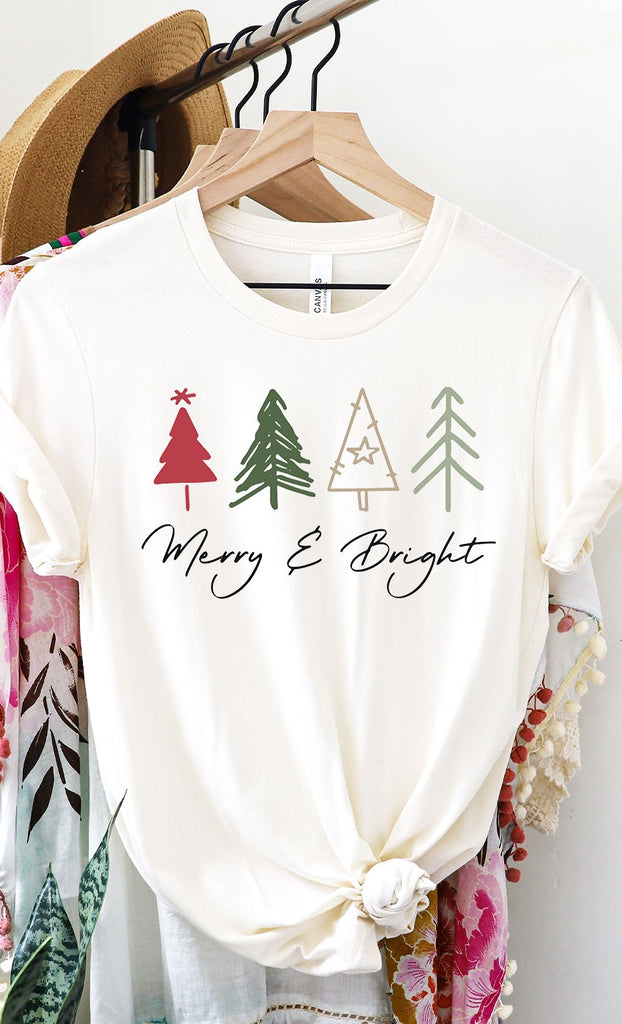 Merry and Bright Christmas Trees Graphic Tee - Be You Boutique