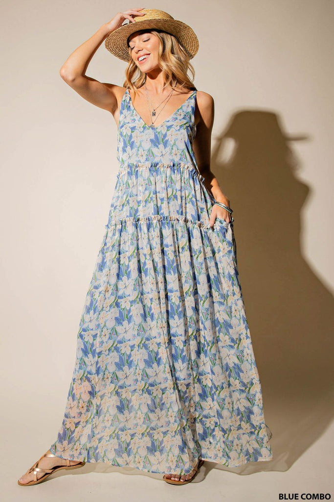 Blair Chiffon Floral Print V Neck Lined Tiered Maxi Dress - Be You Boutique