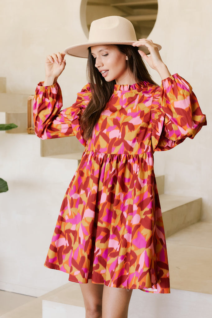 Poppy Poplin Printed Mock Neck Ruffle Detail Long Sleeve Dress - Be You Boutique