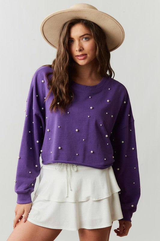 Cozy Pearl Allover Cropped Studded Sweatshirt - Be You Boutique